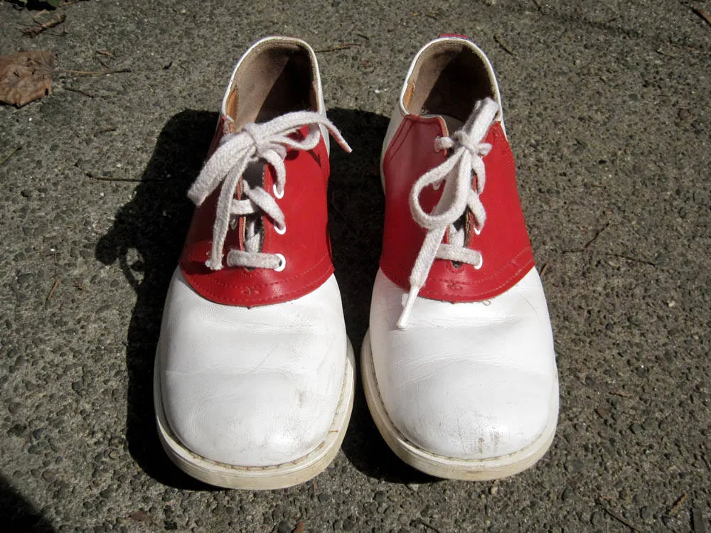 1950s Red & White Leather Saddle Shoes Hipster Rockabilly Goodyear Soles