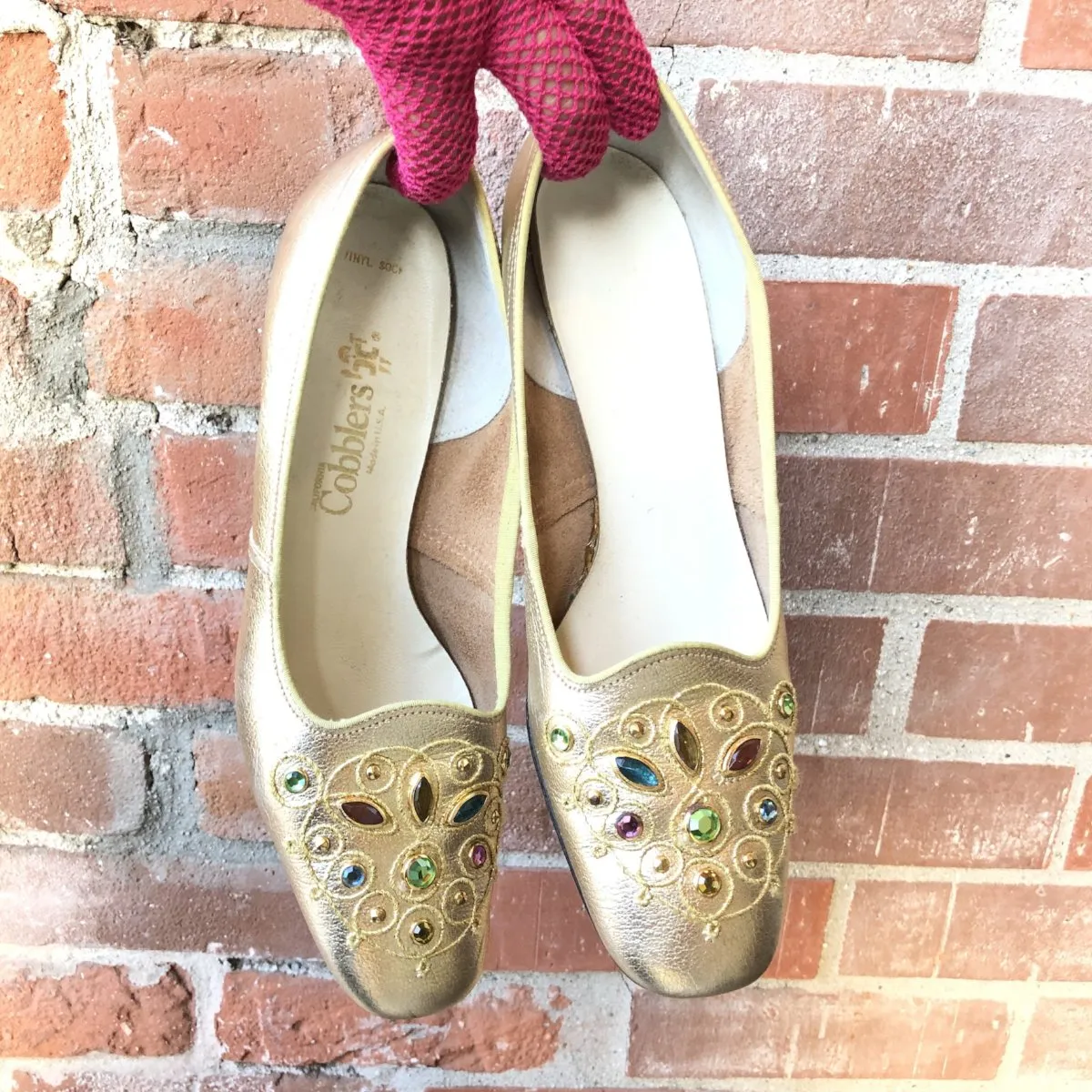 1960s Gold Jewel Square Toe Pumps