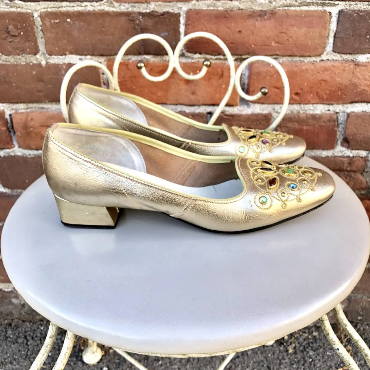 1960s Gold Jewel Square Toe Pumps