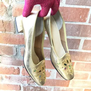 1960s Gold Jewel Square Toe Pumps