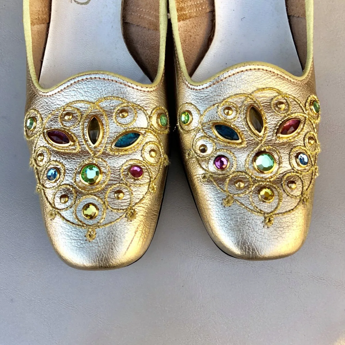 1960s Gold Jewel Square Toe Pumps