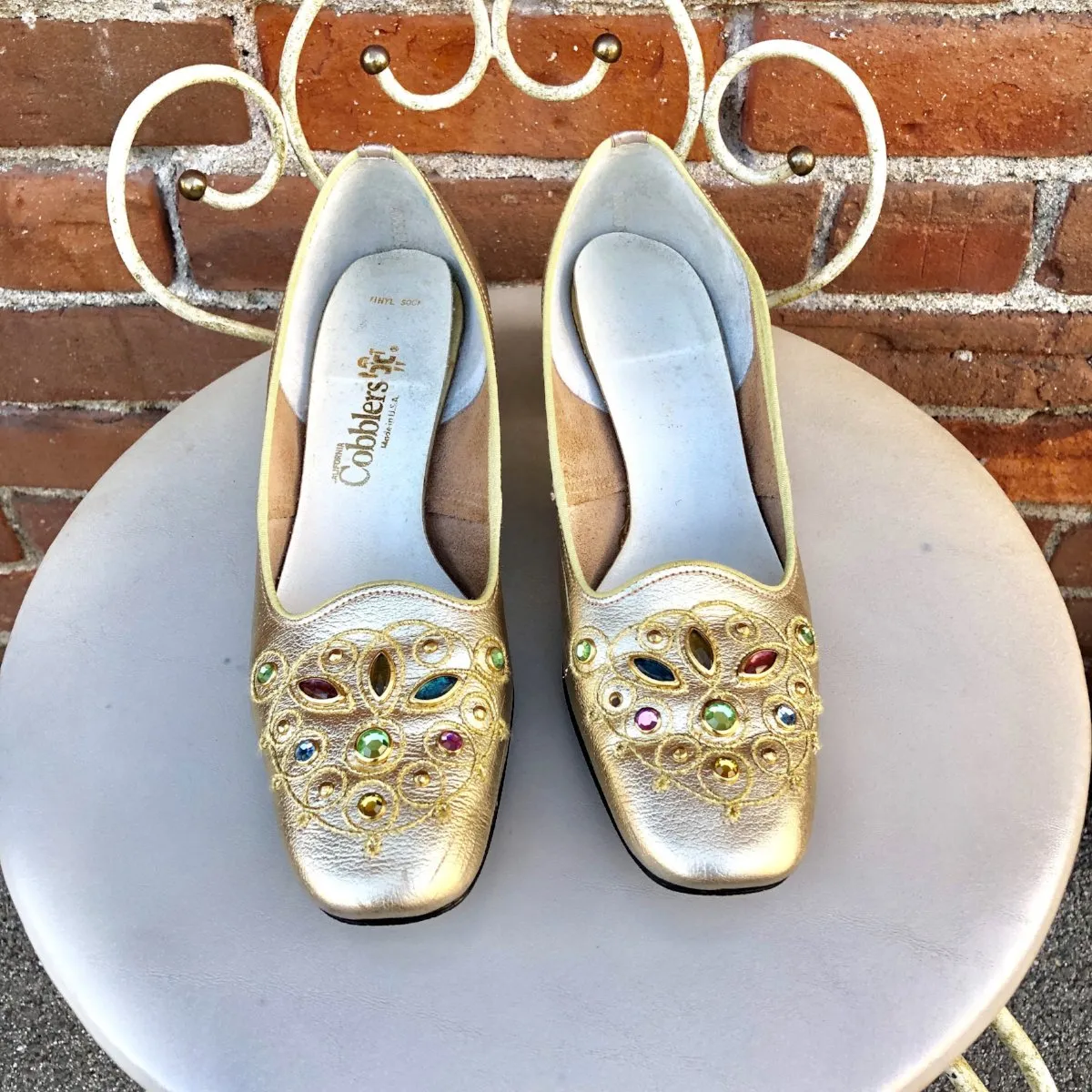 1960s Gold Jewel Square Toe Pumps