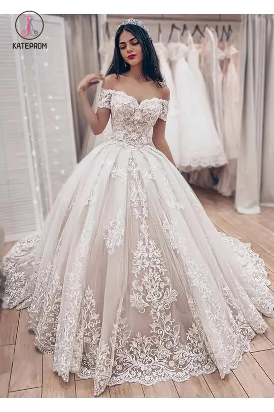 Ball Gown Off the Shoulder Wedding Dress with Lace Appliques, Gorgeous Bridal Dress KPW0392