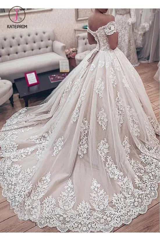 Ball Gown Off the Shoulder Wedding Dress with Lace Appliques, Gorgeous Bridal Dress KPW0392
