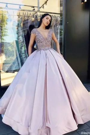 Charming Ball Gown V Neck Lavender Long Prom Dresses with Beading PFP0063