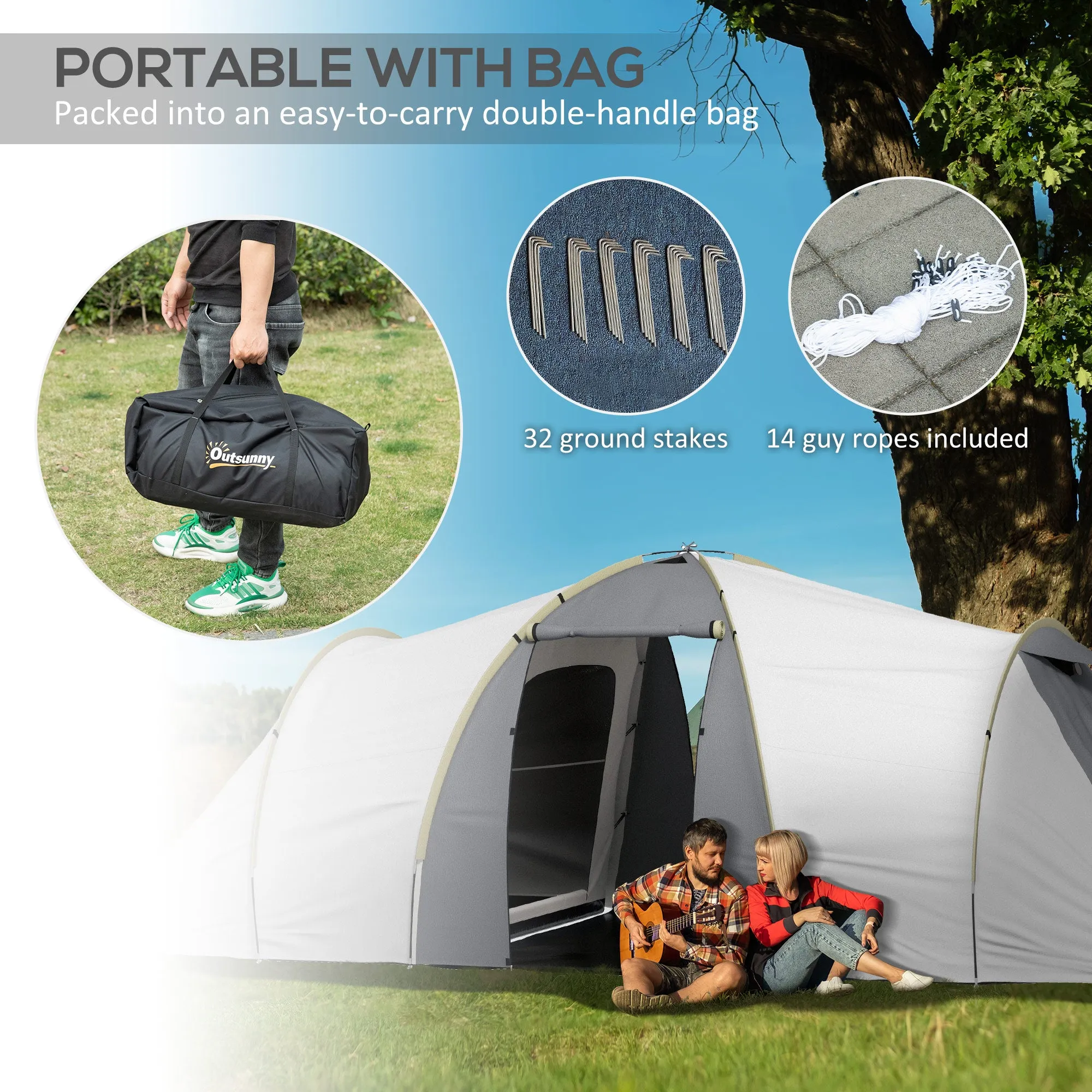 Four-Man Tunnel Tent, with Two Bedrooms and Living Room - Grey/Yellow