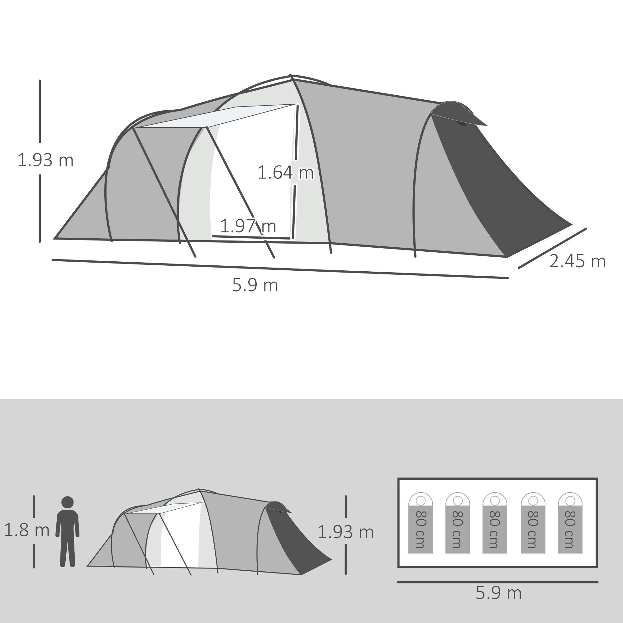 Four-Man Tunnel Tent, with Two Bedrooms and Living Room - Grey/Yellow