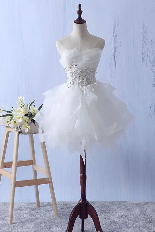Ivory Mini Ruffles Strapless Lace Appliques Short Homecoming Dresses N791