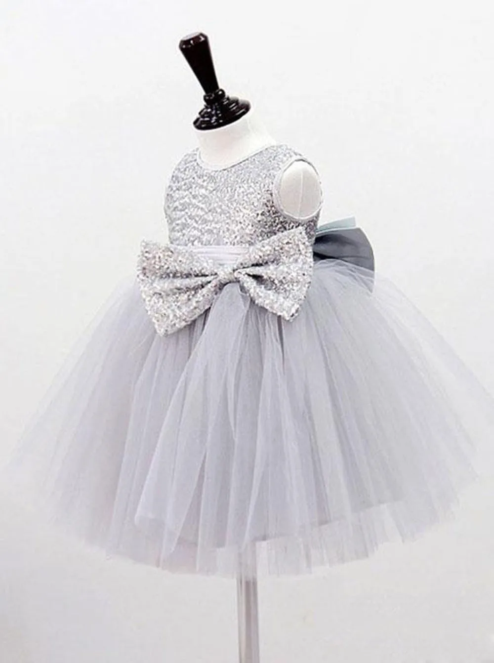 Jewel Sequins Bodice Gray Tullw Flower Girl Dress with Bowknots PF105
