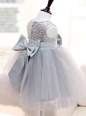Jewel Sequins Bodice Gray Tullw Flower Girl Dress with Bowknots PF105