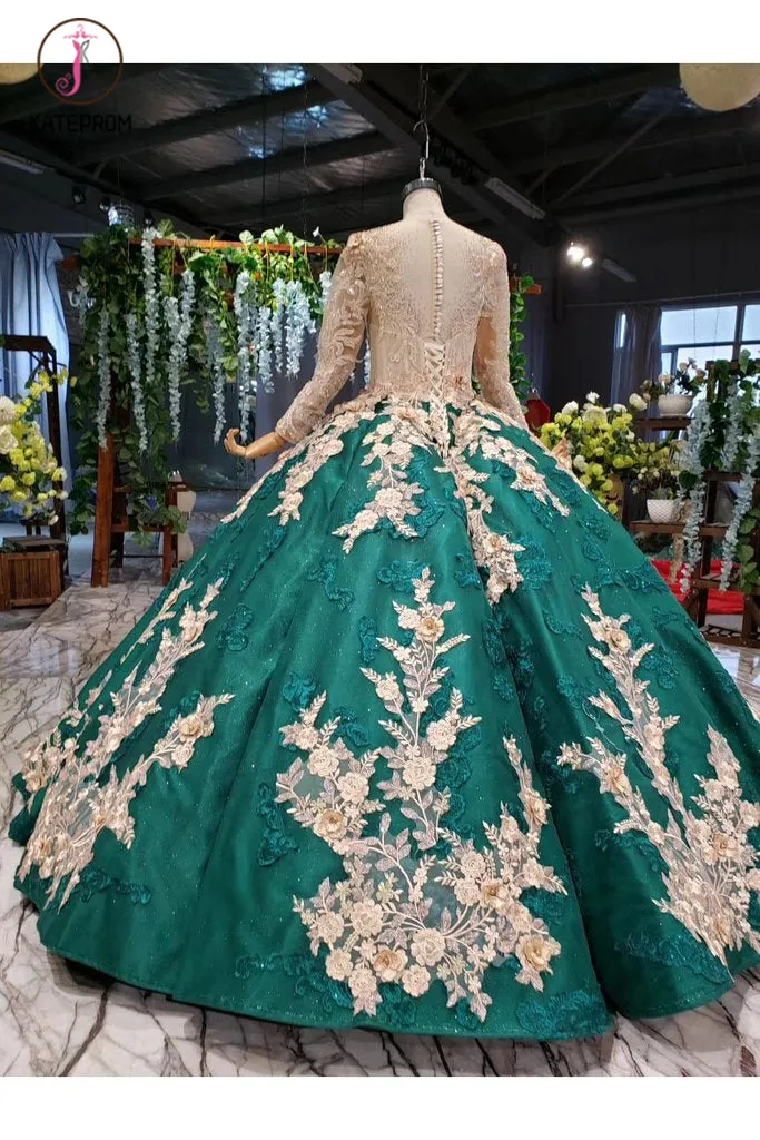 Kateprom Ball Gown Long Sleeves Floor Length Prom Dress with Appliques, Quinceanera Dresses KPP1100