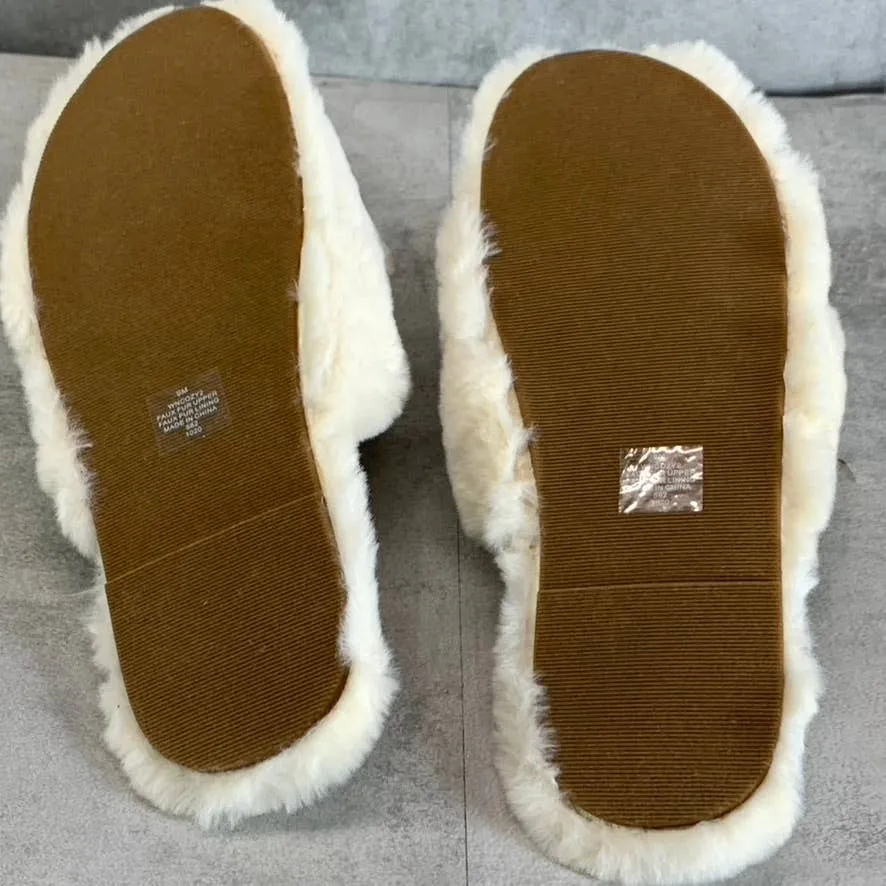 NINE WEST Women's Light Natural Fabric Cozy Faux-Fur Cross Band Slide Sandals