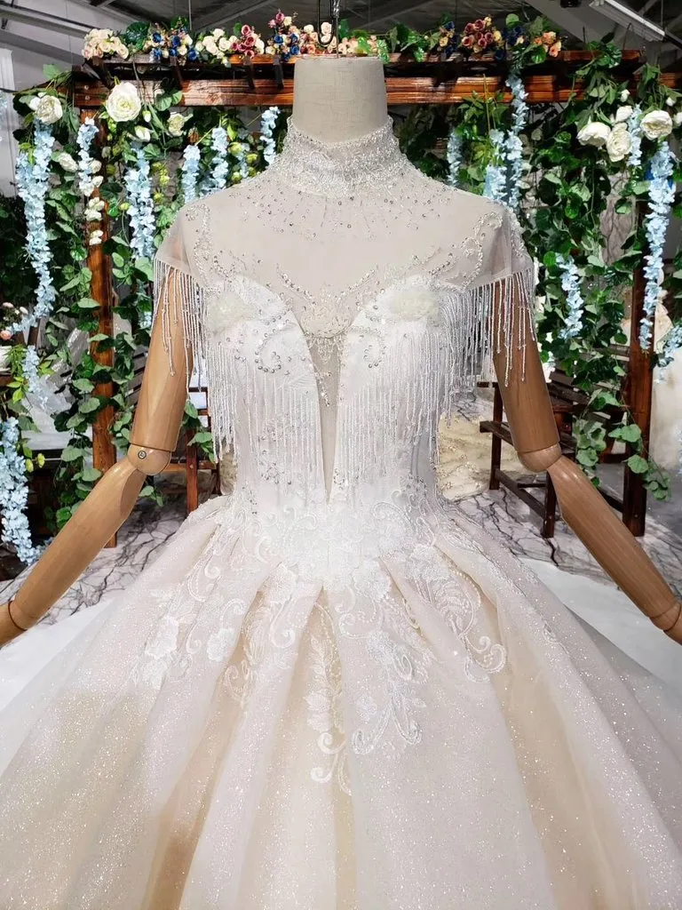 Off White High Neck Ball Gown Wedding Dress, Open Back Beaded Bridal Dress N1631