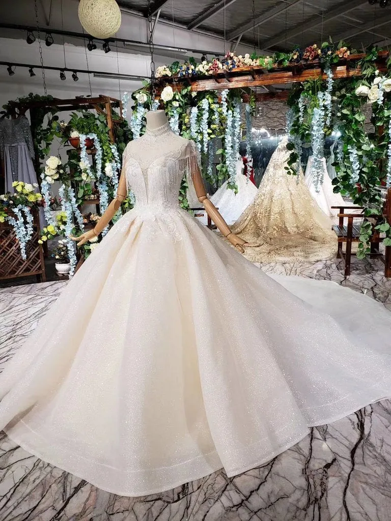 Off White High Neck Ball Gown Wedding Dress, Open Back Beaded Bridal Dress N1631