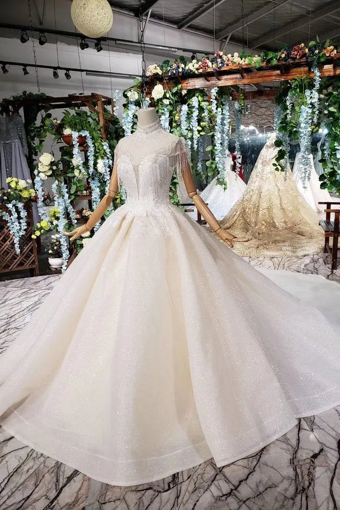 Off White High Neck Ball Gown Wedding Dress, Open Back Beaded Bridal Dress N1631