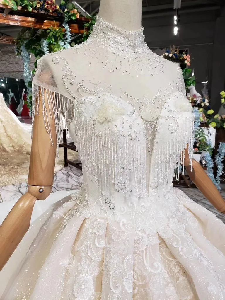 Off White High Neck Ball Gown Wedding Dress, Open Back Beaded Bridal Dress N1631