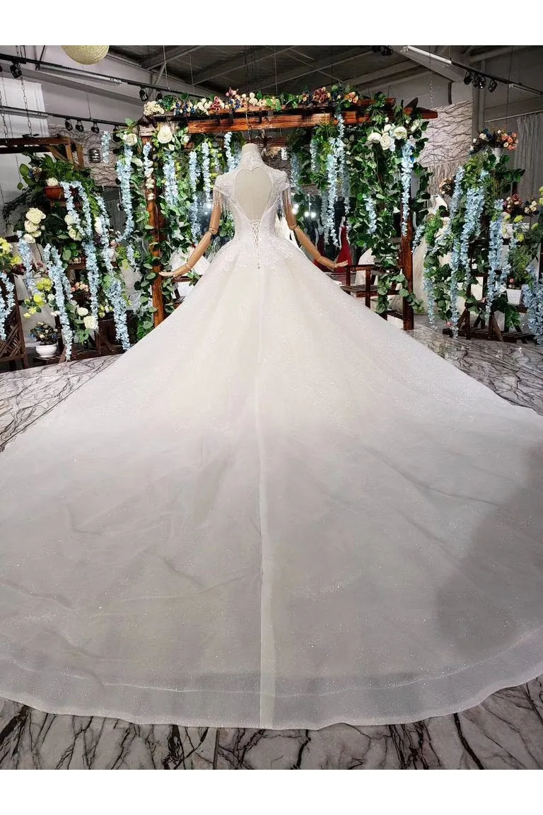 Off White High Neck Ball Gown Wedding Dress, Open Back Beaded Bridal Dress N1631