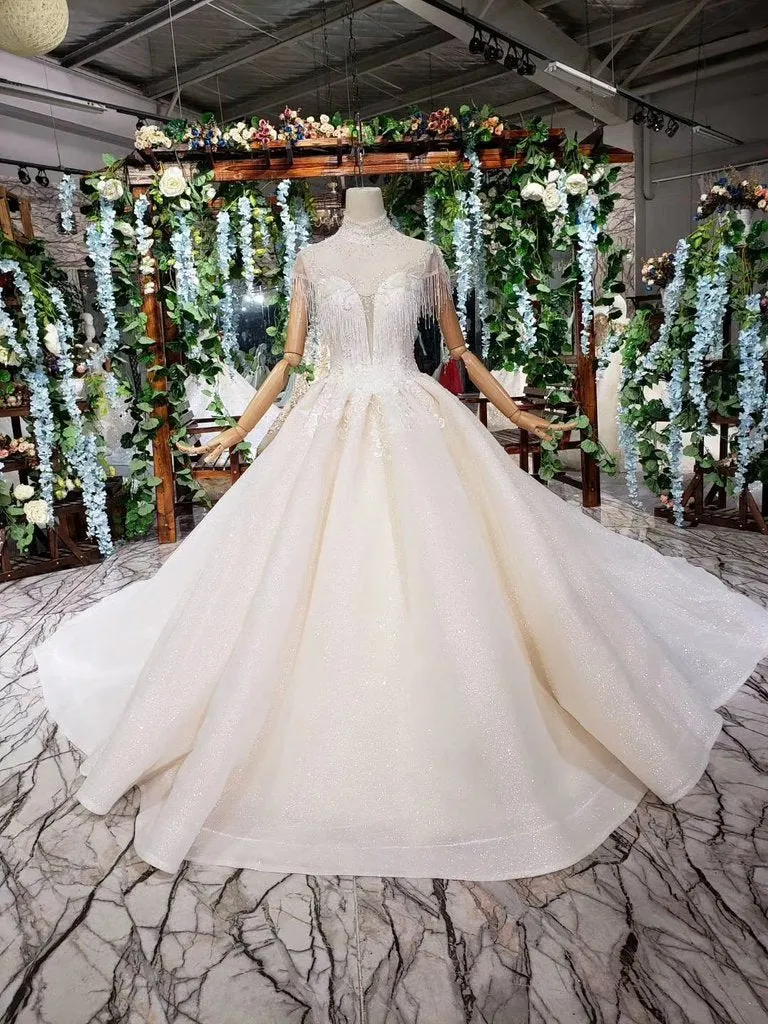 Off White High Neck Ball Gown Wedding Dress, Open Back Beaded Bridal Dress N1631