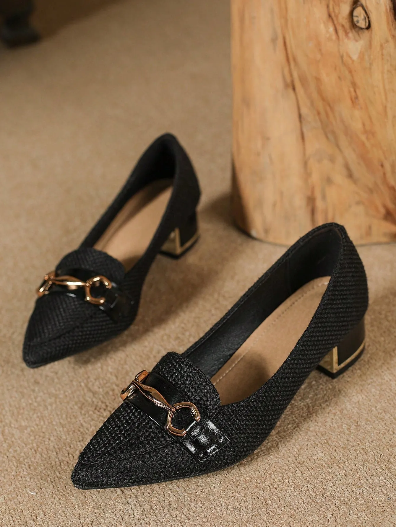 Pointed Toe And Metallic Buckle Mary Jane Chunky Heeled Shoes- FD ⚡