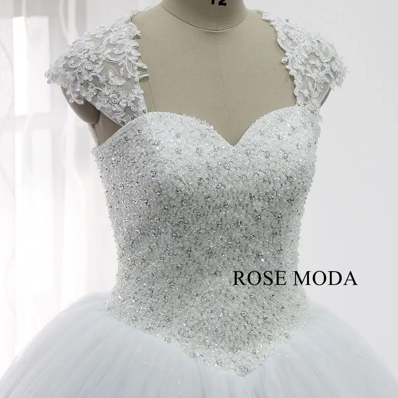 Rosemoda Heavy Beaded Glitter Ball Gown Wedding Dress With Removable Lace Bolero