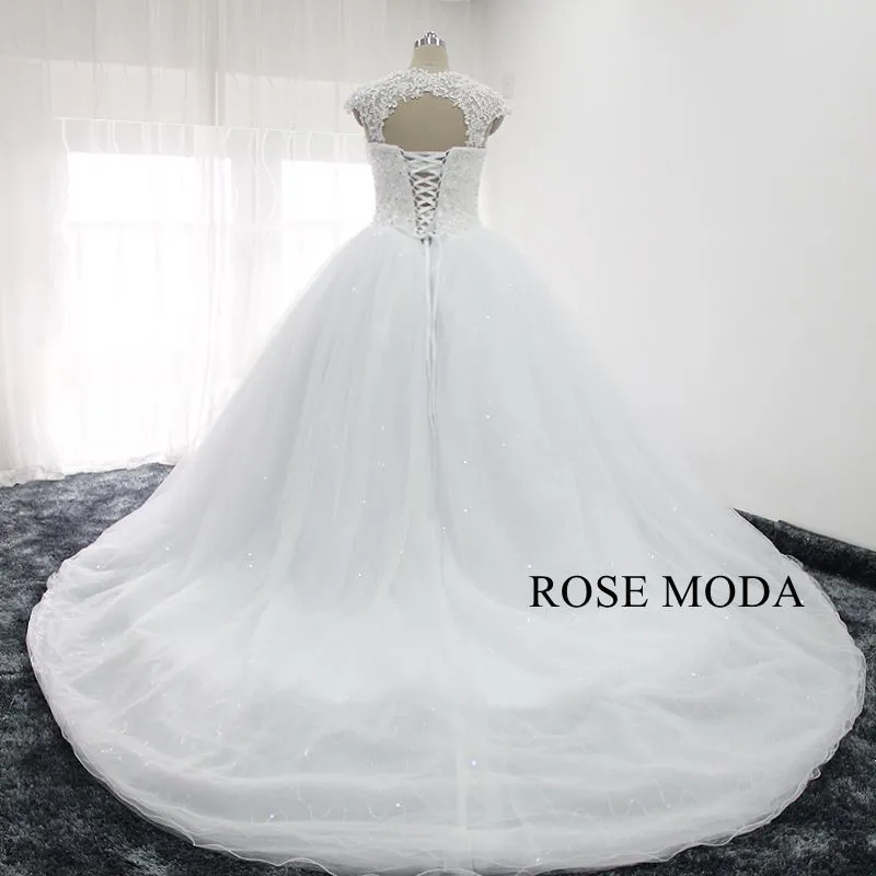 Rosemoda Heavy Beaded Glitter Ball Gown Wedding Dress With Removable Lace Bolero