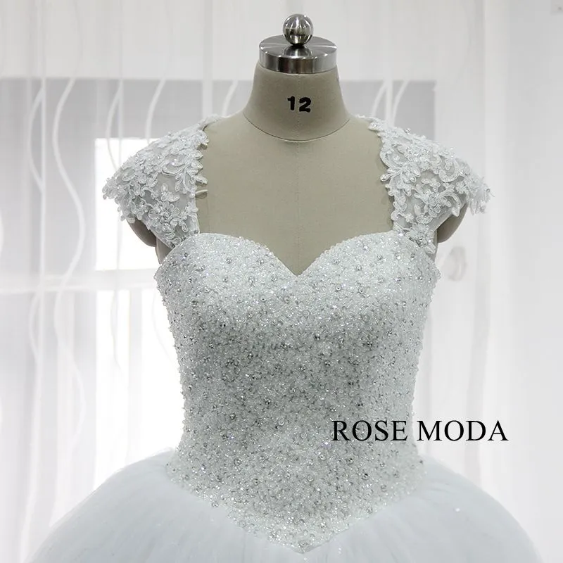 Rosemoda Heavy Beaded Glitter Ball Gown Wedding Dress With Removable Lace Bolero