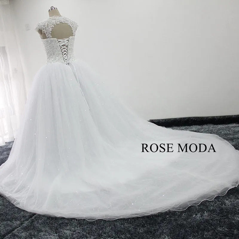 Rosemoda Heavy Beaded Glitter Ball Gown Wedding Dress With Removable Lace Bolero
