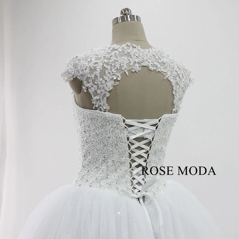 Rosemoda Heavy Beaded Glitter Ball Gown Wedding Dress With Removable Lace Bolero