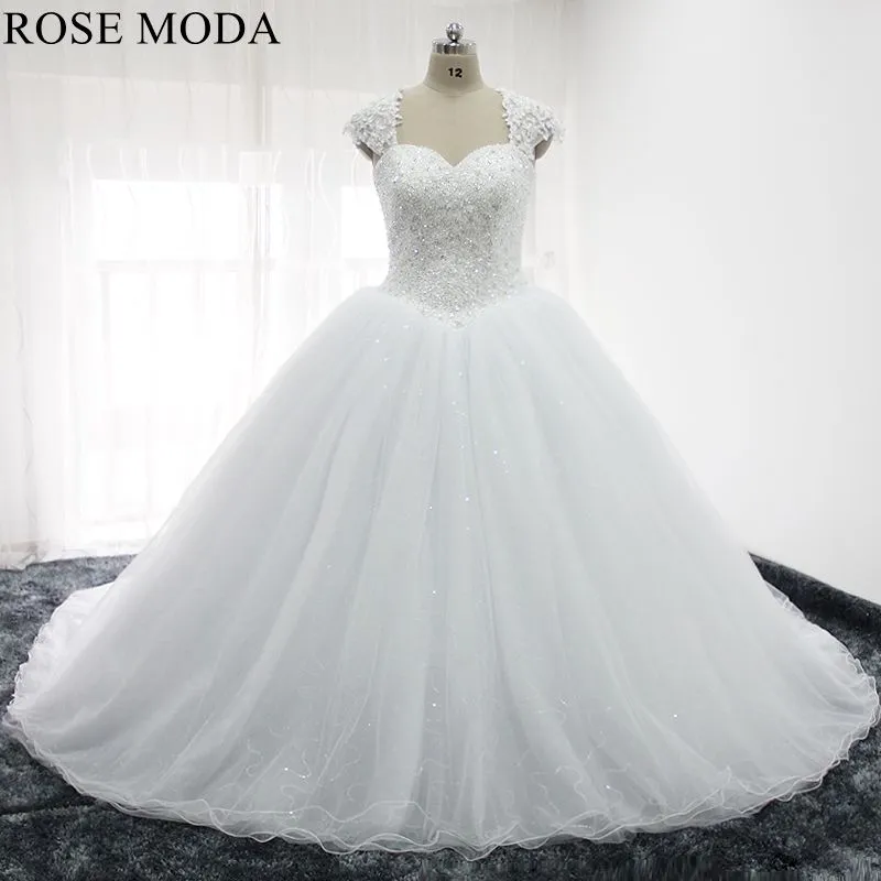 Rosemoda Heavy Beaded Glitter Ball Gown Wedding Dress With Removable Lace Bolero