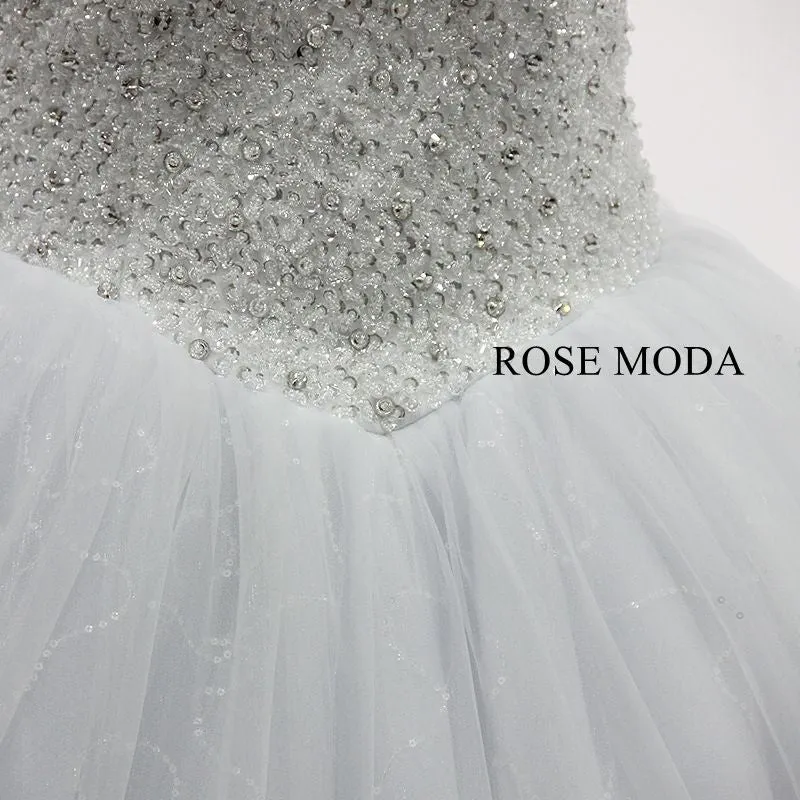 Rosemoda Heavy Beaded Glitter Ball Gown Wedding Dress With Removable Lace Bolero