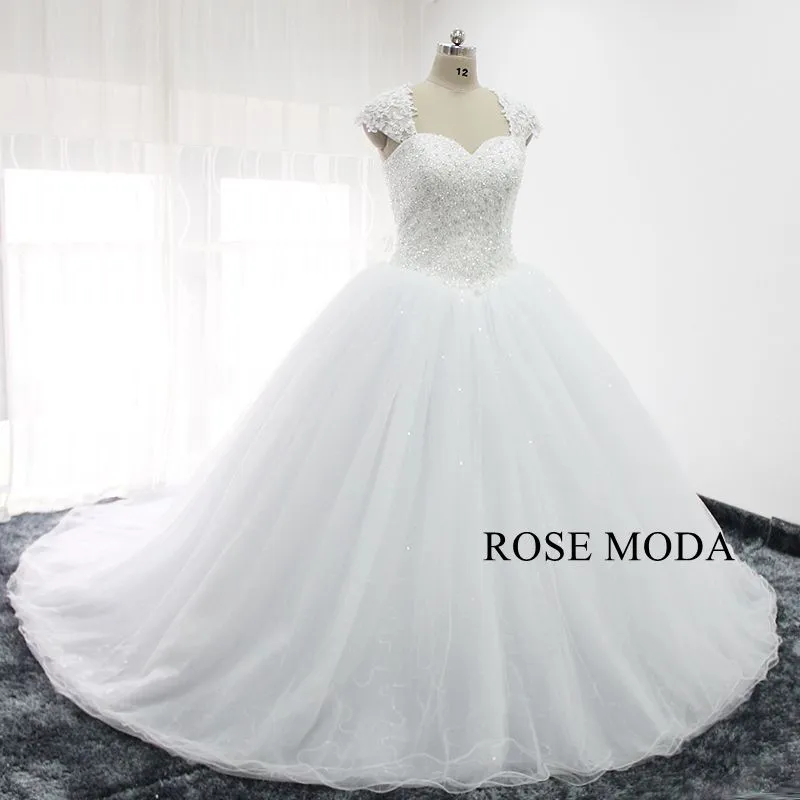 Rosemoda Heavy Beaded Glitter Ball Gown Wedding Dress With Removable Lace Bolero